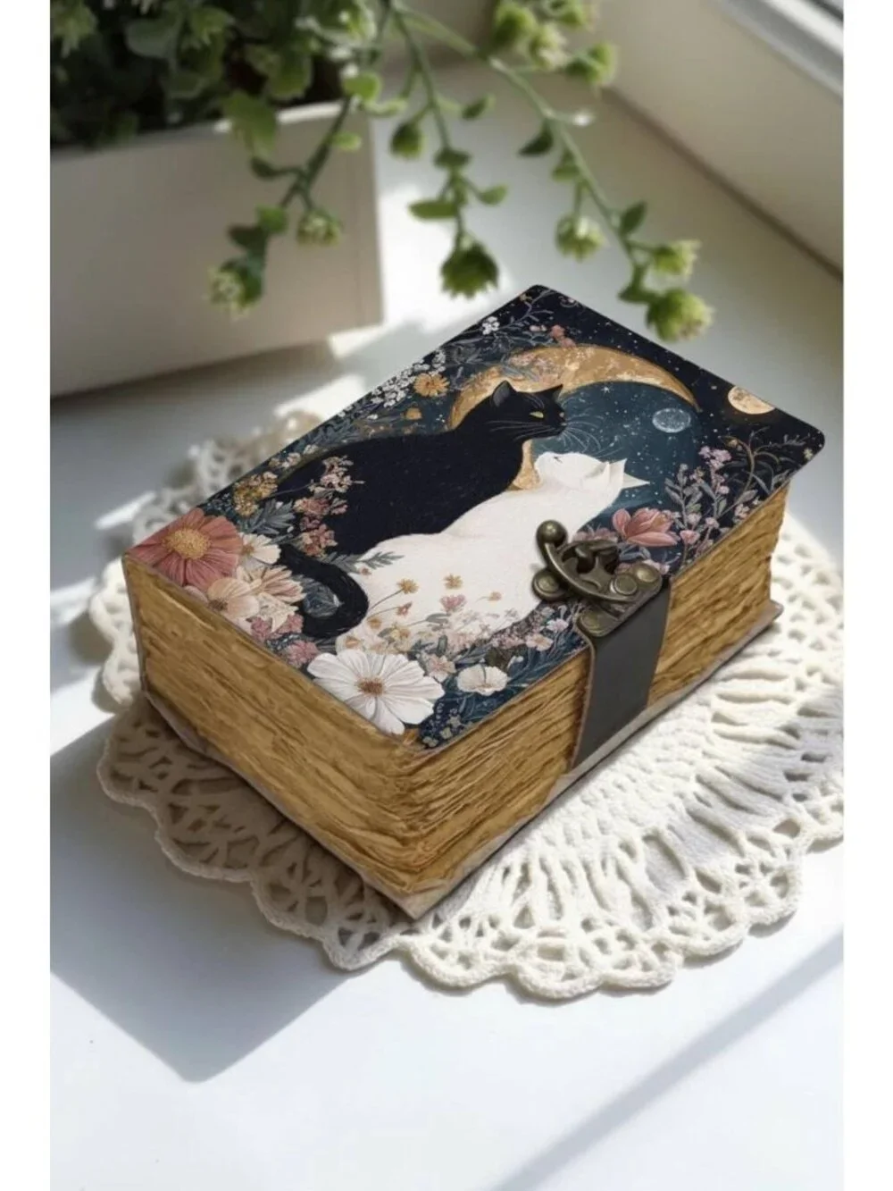 Leather Journal Cat Moon Grimoire Black White Handmade Antique Brass Lock